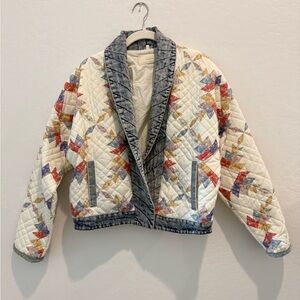 Blank NYC Quilted Patchwork Jean Jacket in Cream, Gray, Red, Blue, Yellow